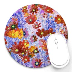 Cosmos Flowers Brown Round Mousepads by DinkovaArt