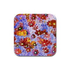 Cosmos Flowers Brown Rubber Square Coaster (4 Pack)  by DinkovaArt