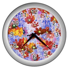 Cosmos Flowers Brown Wall Clock (silver) by DinkovaArt