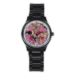 Cosmos Flowers Dark Red Stainless Steel Round Watch by DinkovaArt