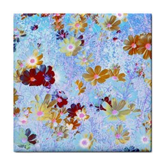 Cosmos Flowers Ligh Blue Tile Coaster by DinkovaArt