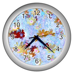 Cosmos Flowers Ligh Blue Wall Clock (silver) by DinkovaArt