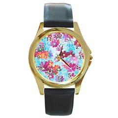 Cosmos Flowers Round Gold Metal Watch