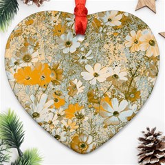 Cosmos Flowers Sepia Color Heart Ornament (two Sides) by DinkovaArt