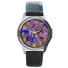 Cosmos Flowers Brown Blue Round Metal Watch by DinkovaArt