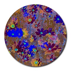 Cosmos Flowers Brown Blue Round Mousepads by DinkovaArt