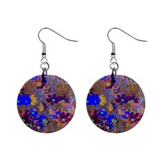 Cosmos Flowers Brown Blue Mini Button Earrings by DinkovaArt