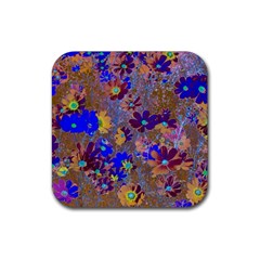 Cosmos Flowers Brown Blue Rubber Coaster (square)  by DinkovaArt