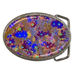 Cosmos Flowers Brown Blue Belt Buckles by DinkovaArt