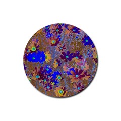 Cosmos Flowers Brown Blue Rubber Round Coaster (4 Pack)  by DinkovaArt