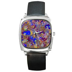 Cosmos Flowers Brown Blue Square Metal Watch by DinkovaArt