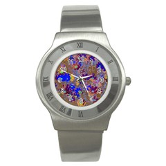 Cosmos Flowers Brown Blue Stainless Steel Watch by DinkovaArt