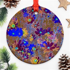 Cosmos Flowers Brown Blue Round Ornament (two Sides) by DinkovaArt