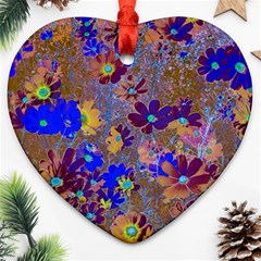 Cosmos Flowers Brown Blue Heart Ornament (two Sides) by DinkovaArt