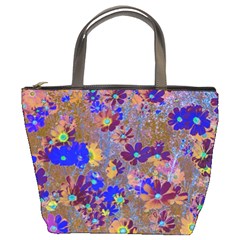 Cosmos Flowers Brown Blue Bucket Bag