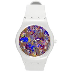 Cosmos Flowers Brown Blue Round Plastic Sport Watch (m) by DinkovaArt