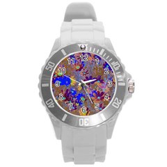 Cosmos Flowers Brown Blue Round Plastic Sport Watch (l) by DinkovaArt