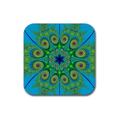 Peacock Mandala Kaleidoscope Arabesque Pattern Rubber Coaster (square)  by SpinnyChairDesigns