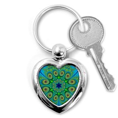 Peacock Mandala Kaleidoscope Arabesque Pattern Key Chain (heart) by SpinnyChairDesigns