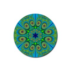 Peacock Mandala Kaleidoscope Arabesque Pattern Rubber Coaster (round)  by SpinnyChairDesigns