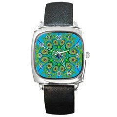 Peacock Mandala Kaleidoscope Arabesque Pattern Square Metal Watch by SpinnyChairDesigns