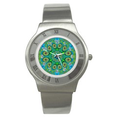 Peacock Mandala Kaleidoscope Arabesque Pattern Stainless Steel Watch by SpinnyChairDesigns