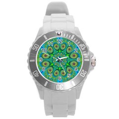 Peacock Mandala Kaleidoscope Arabesque Pattern Round Plastic Sport Watch (l) by SpinnyChairDesigns