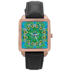 Peacock Mandala Kaleidoscope Arabesque Pattern Rose Gold Leather Watch  by SpinnyChairDesigns