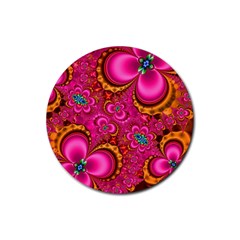 Abstract Pink Gold Floral Print Pattern Rubber Coaster (round)  by SpinnyChairDesigns