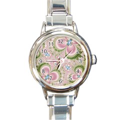 Pastel Pink Abstract Floral Print Pattern Round Italian Charm Watch by SpinnyChairDesigns