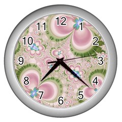 Pastel Pink Abstract Floral Print Pattern Wall Clock (silver) by SpinnyChairDesigns