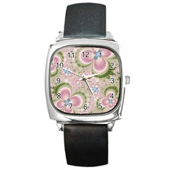 Pastel Pink Abstract Floral Print Pattern Square Metal Watch by SpinnyChairDesigns