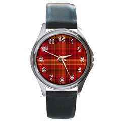 Red Brown Orange Plaid Pattern Round Metal Watch by SpinnyChairDesigns