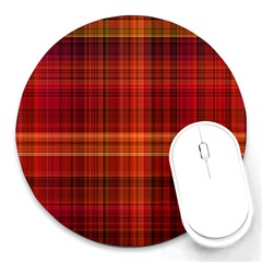 Red Brown Orange Plaid Pattern Round Mousepads by SpinnyChairDesigns