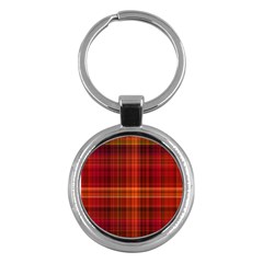 Red Brown Orange Plaid Pattern Key Chain (round) by SpinnyChairDesigns