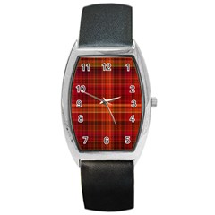 Red Brown Orange Plaid Pattern Barrel Style Metal Watch by SpinnyChairDesigns