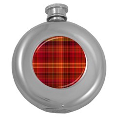 Red Brown Orange Plaid Pattern Round Hip Flask (5 Oz) by SpinnyChairDesigns