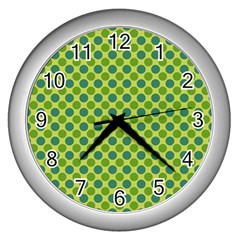 Green Polka Dots Spots Pattern Wall Clock (silver) by SpinnyChairDesigns