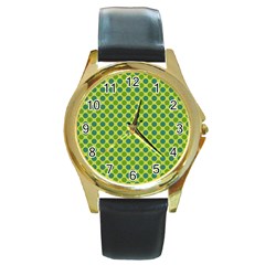 Green Polka Dots Spots Pattern Round Gold Metal Watch by SpinnyChairDesigns