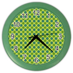 Green Polka Dots Spots Pattern Color Wall Clock by SpinnyChairDesigns