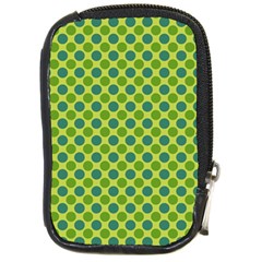 Green Polka Dots Spots Pattern Compact Camera Leather Case by SpinnyChairDesigns