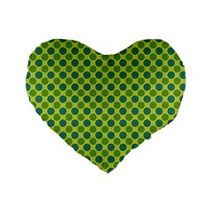 Green Polka Dots Spots Pattern Standard 16  Premium Heart Shape Cushions by SpinnyChairDesigns