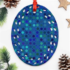 Blue Polka Dots Pattern Oval Filigree Ornament (two Sides) by SpinnyChairDesigns