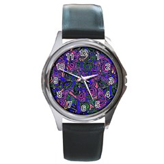 Purple Abstract Butterfly Pattern Round Metal Watch by SpinnyChairDesigns