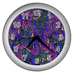 Purple Abstract Butterfly Pattern Wall Clock (silver) by SpinnyChairDesigns