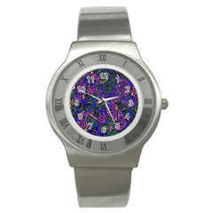 Purple Abstract Butterfly Pattern Stainless Steel Watch by SpinnyChairDesigns