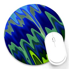 Blue Green Zig Zag Waves Pattern Round Mousepads by SpinnyChairDesigns