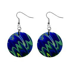 Blue Green Zig Zag Waves Pattern Mini Button Earrings by SpinnyChairDesigns