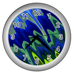 Blue Green Zig Zag Waves Pattern Wall Clock (silver) by SpinnyChairDesigns