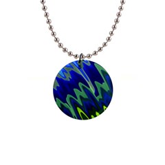 Blue Green Zig Zag Waves Pattern 1  Button Necklace by SpinnyChairDesigns